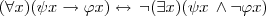 (\forall x)(\psi x\rightarrow \varphi x) \leftrightarrow \,\neg(\exists x)(\psi x \,\wedge \neg\varphi x) (\forall x)(\psi x\rightarrow \varphi x) \leftrightarrow \,\neg(\exists x)(\psi x \,\wedge \neg\varphi x)