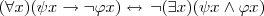 (\forall x)(\psi x\rightarrow \neg\varphi x) \leftrightarrow \,\neg(\exists x)(\psi x \wedge \varphi x) (\forall x)(\psi x\rightarrow \neg\varphi x) \leftrightarrow \,\neg(\exists x)(\psi x \wedge \varphi x)