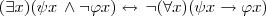 (\exists x)(\psi x \,\wedge \neg\varphi x) \leftrightarrow \,\neg(\forall x)(\psi x \rightarrow \varphi x) (\exists x)(\psi x \,\wedge \neg\varphi x) \leftrightarrow \,\neg(\forall x)(\psi x \rightarrow \varphi x)