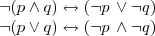 \begin{array}{l} \\
\neg(p \wedge q)\leftrightarrow (\neg p \,\vee \neg q) \\
\neg(p \vee q)\leftrightarrow (\neg p \,\wedge \neg q) \\
\end{array} \begin{array}{l} \\
\neg(p \wedge q)\leftrightarrow (\neg p \,\vee \neg q) \\
\neg(p \vee q)\leftrightarrow (\neg p \,\wedge \neg q) \\
\end{array}